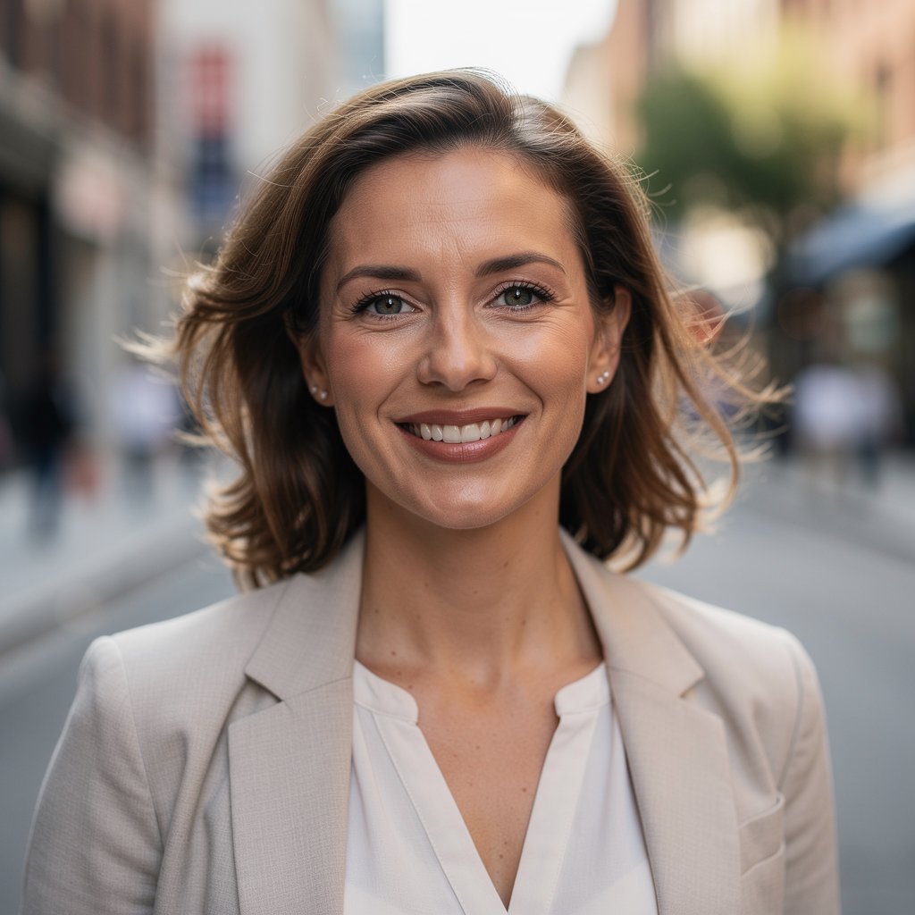 Portrait of a professional woman in her 30s, friendly smile, teacher or activist, outdoor natural lighting, blurry background of a city street, high quality photography.