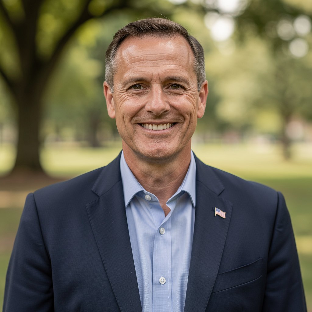 Portrait of a professional man in his 40s, friendly smile, politician or community leader, outdoor natural lighting, blurry background of a park, high quality photography.