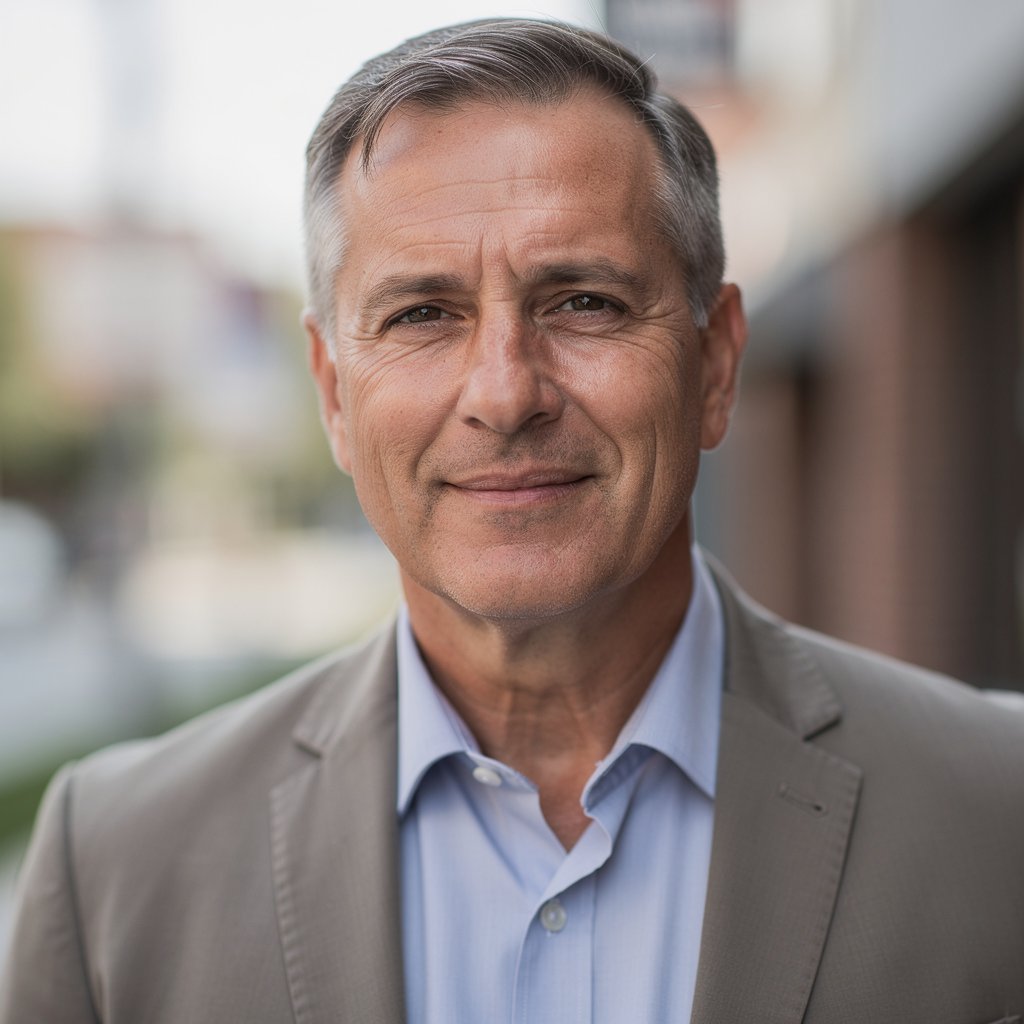Portrait of a professional man in his 50s, experienced look, doctor or local business owner, outdoor natural lighting, blurry background, high quality photography.